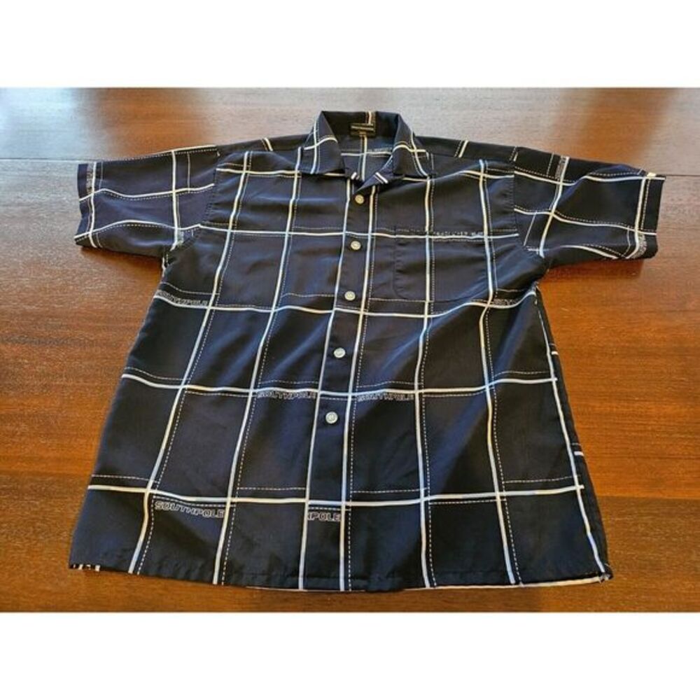 Vintage Southpole Boys Teens Shirt Button Down Blue‎ Plaid Logo Sz Medium 12-14